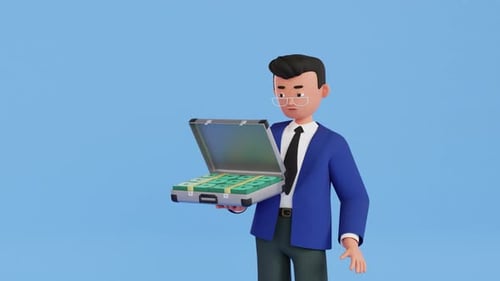3D Cartoon Businessman Opens Briefcase Full of Money