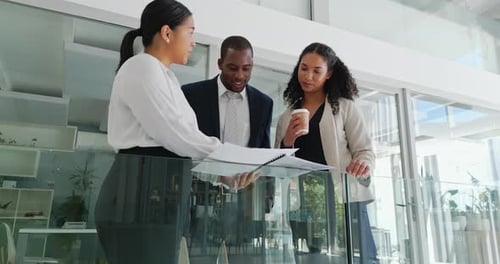 Portfolio, documents or business people in meeting for financial sales report