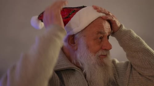 Senior Man Puts on Santa Hat for Christmas