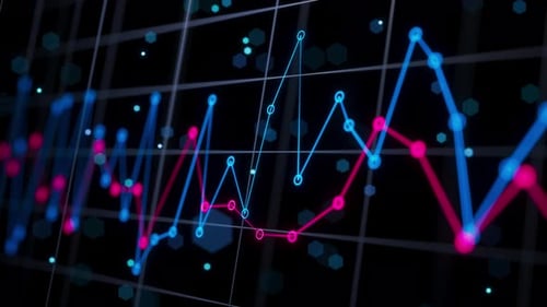 Looped 3D animation of glowing blue and pink financial line charts.