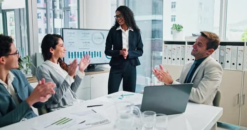 Happy, business people and meeting with applause for performance, profit or statistics at office