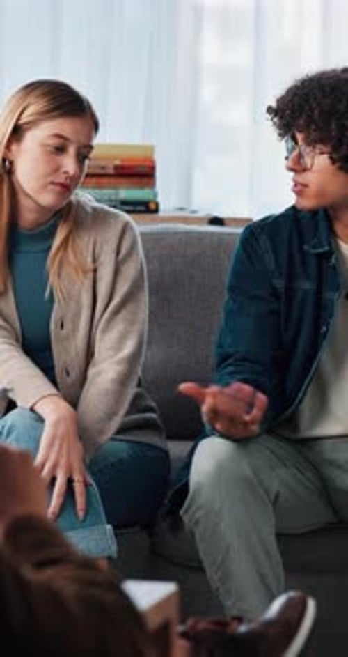 Sad couple, therapy or argument with therapist for relationship counseling or advice on sofa