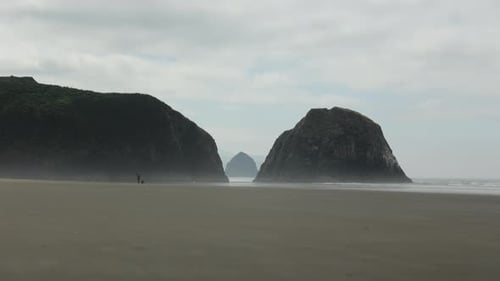 Peaceful day at Crescent Beach in Ecola State Park with a person and a dog walking on the beach. The