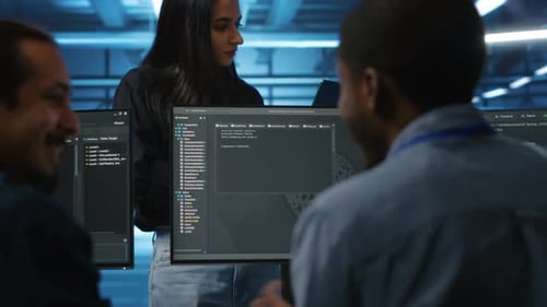 Supervisor, der Servercluster beaufsichtigt, diskutiert mit einem multiethnischen Team