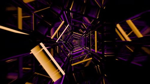VJ loop tunnel with purple and orange glow elements and bright mirror reflections on surfaces