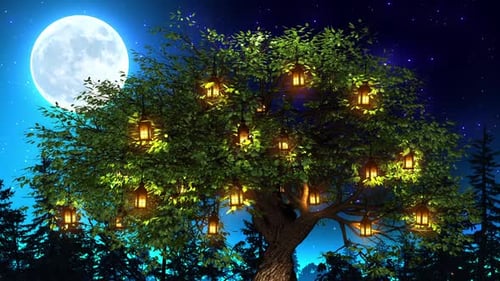 Magical Night Forest with Glowing Lanterns and Full Moon