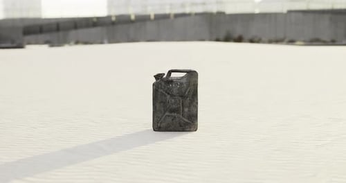 Weathered Fuel Can in Arid Desert Landscape