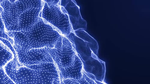 Blue Particle Wave Moving On Black Background, Futuristic Loop Animation Of Particle Wave, Digital P