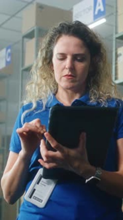 Female Logistics Specialist Uses Tablet Computer and Stylus to Check Inventory