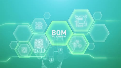 Futuristic Bill of Materials Display with Robotic Hand and Hexagons