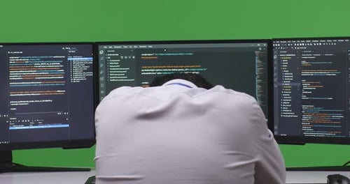 Tired Asian Man Developer Sleeping While Write Code With Multiple Computer Screens In Green Screen