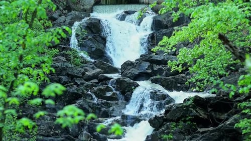Long Shot of Waterfall Flowing with Green Tree Forest on Both Sides