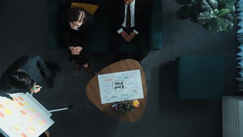 Top view of manager write whiteboard and share marketing strategy. Directorate.