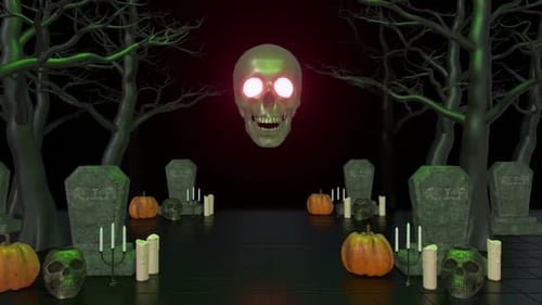 Animated Spooky Halloween Graveyard Scene with Glowing Skull