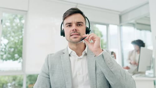 Call center, customer support and face of man on video call for online, advice and consulting