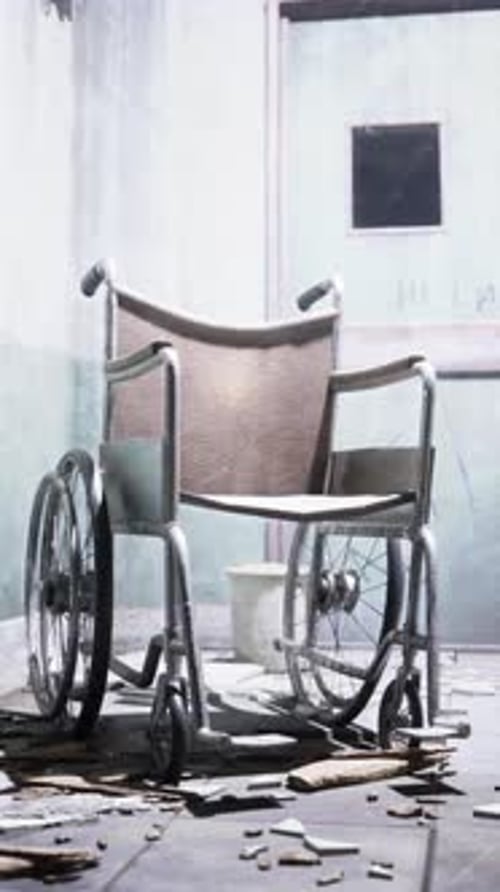 Abandoned Wheelchair in Grungy Hospital Hallway Animation
