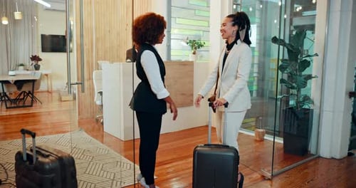 Business woman, introduction and handshake in hotel for travel, welcome and seminar accommodation