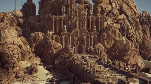 Eroded Cliffside Structure with Intricate Carvings and Lone Researcher