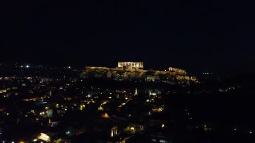Acropolis Of Athens At Night In Greece. - aerial shot