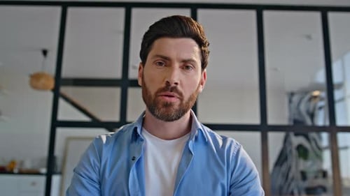 Startuper Talking Video Conference Pov View Closeup Online Teacher Explaining