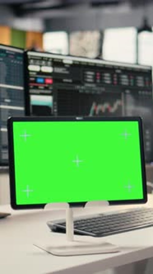 Vertical Video Stock Market Metrics Displayed on Isolated Screen Tablet in Investment Firm