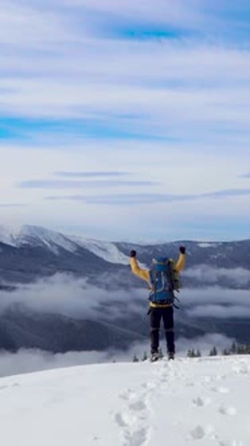 Hiker Celebrates at a Snowy Mountain Peak with Stunning Views Below