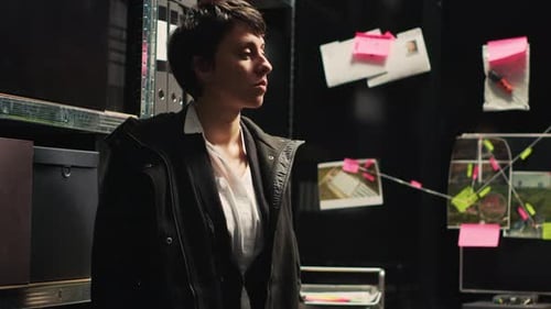 Woman Standing Before Crime Investigation Wall