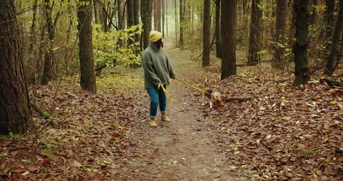 Young Woman in a Yellow Beanie Walking Two Dogs on a Path in the Autumn Forest