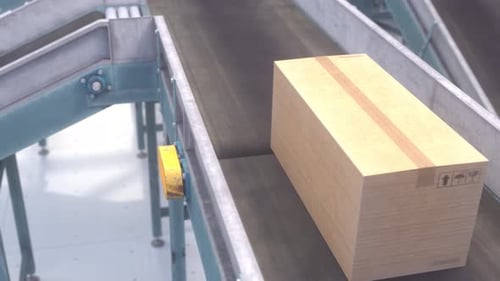 Paketkartons oder Pappkartons, die sich auf Förderbändern im Lager bewegen