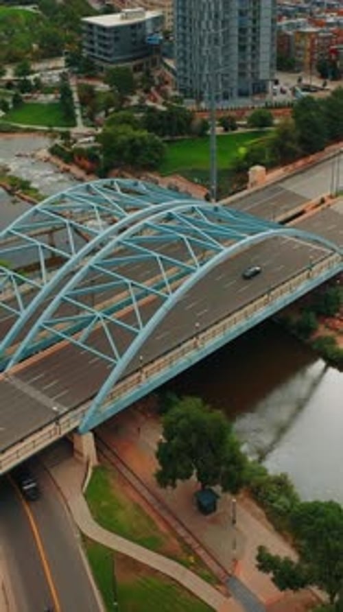 Architecture of skyscraper buildings. Aerial shot of Denver city. Vertical video