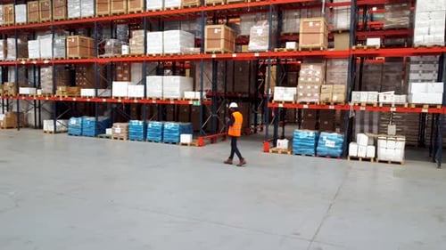 Warehouse Workers Navigating Aisles in a Spacious Distribution Center
