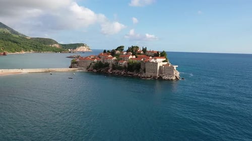 Amazing Aerial Around View of Sveti Stefan Resort Island in Montenegro Drone Video The Small Old