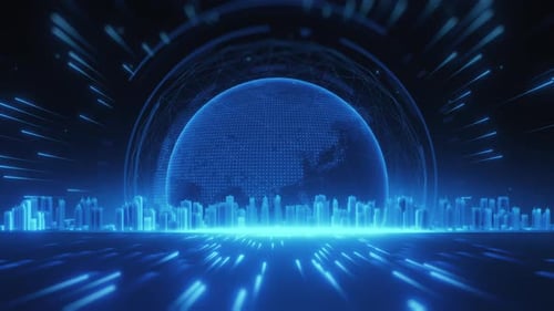 Digital Globe Over Futuristic Cityscape
