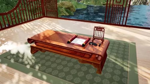 Traditional Asian Scroll Reveal with Calligraphy Tools