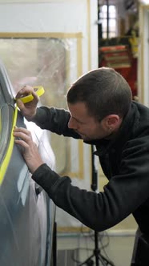 Professioneller Autolackierer, der das Auto vor dem Lackieren maskiert