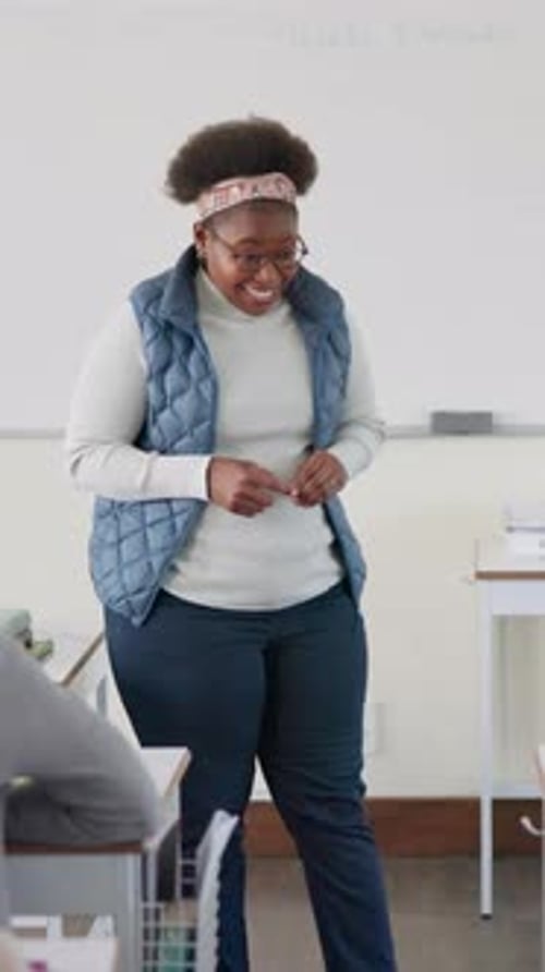 Education, presentation and study methods with student black woman in classroom of college