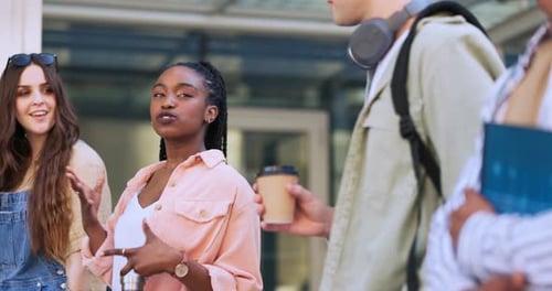 University student groups, walking and black woman talking about report news