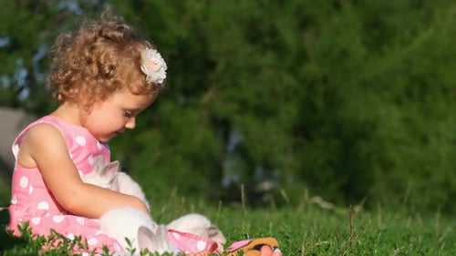 A Little Girl is Playing with White Rabbits While Sitting on the Grass in the Garden