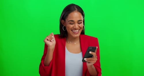 Dance, phone and face of woman on green screen for news, bonus or celebration of giveaway