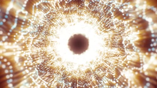 Abstract yellow gold energy tunnel made of particles and a grid