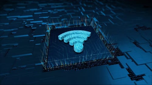 Futuristic WiFi Symbol on Digital Circuit Board Background