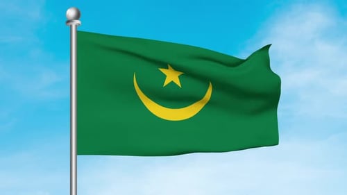 Mauritania National Flag Waving on Pole Against Blue Sky
