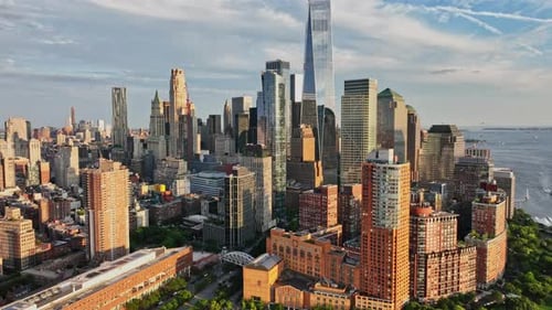 An aerial view of a large city with tall buildings