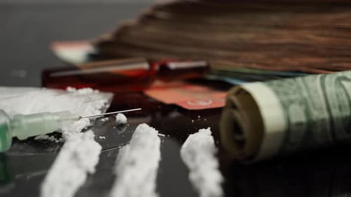 Syringe for injection and cocaine powder, on a black background.