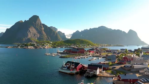Aerial View of Lofoten Islands in Norway A Serene Coastal Village Surrounded By Majestic Mountains