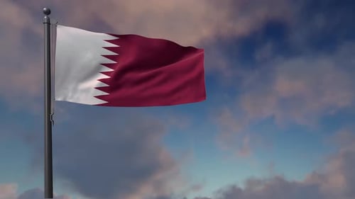 Realistic Qatar Flag Waving on Flagpole Against Cloudy Sky