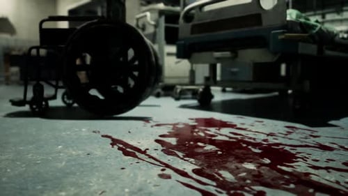 Blood on the Floor Near a Hospital Bed and Wheelchair in a Dimly Lit Room