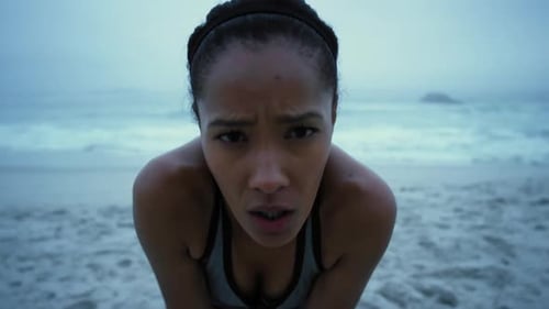Tired, running and fitness with face of woman at beach for workout, cardio