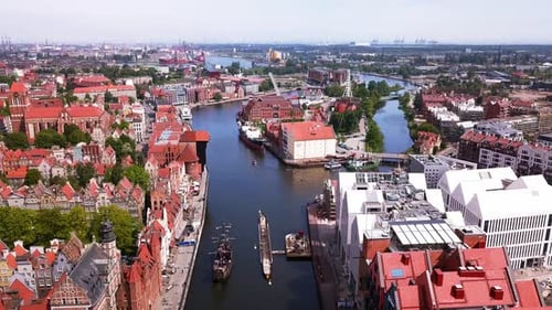 Gdansk Old Town Aerial shot. Bazylika Mariacka and the surrounding buildings. Gdansk City Drone Foot