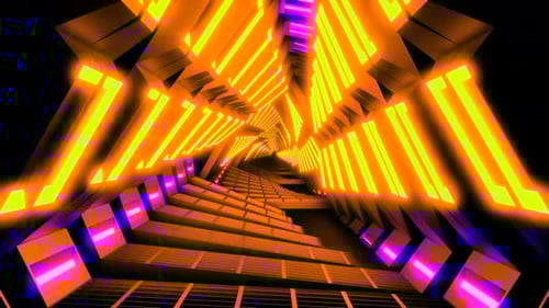 Loop VJ animation. Triangular rotating tunnel with green and orange lights. Dj visuals effects.